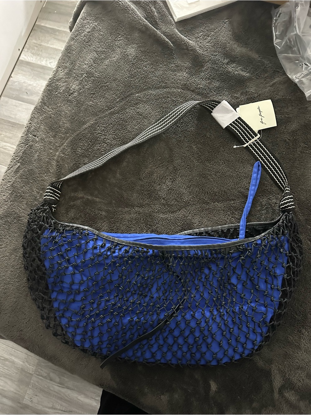 Free People Electric Blue Shoulder Bag with Black Net Overlay